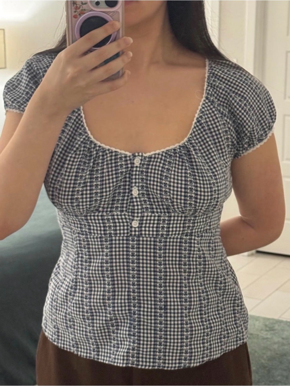 Women’s Navy and White Checked Peplum Top